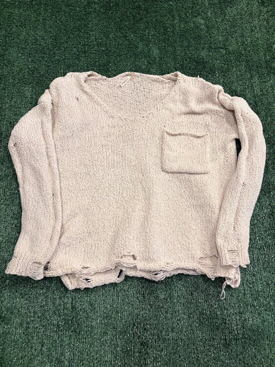 Tops - Cream Distressed Knit Sweater Pocket Detail Size S